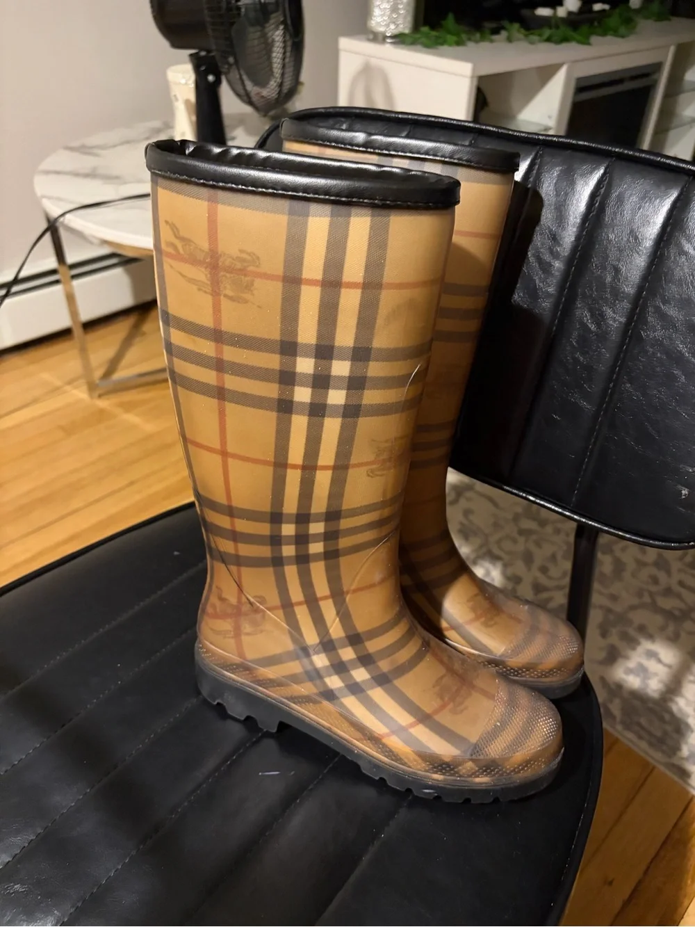 Burberry Tan Plaid Logo Rain Boots